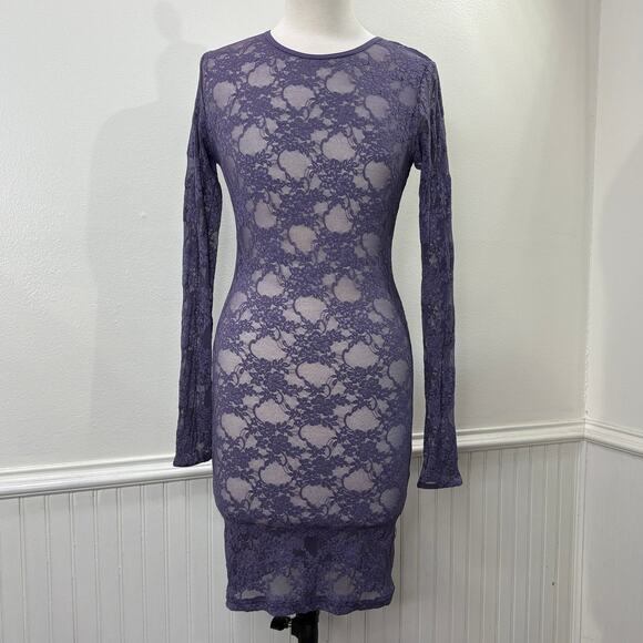 American Apparel M/L Bodycon Dress Vintage Purple Floral Lace Mesh Sheer Stretch - Picture 13 of 13